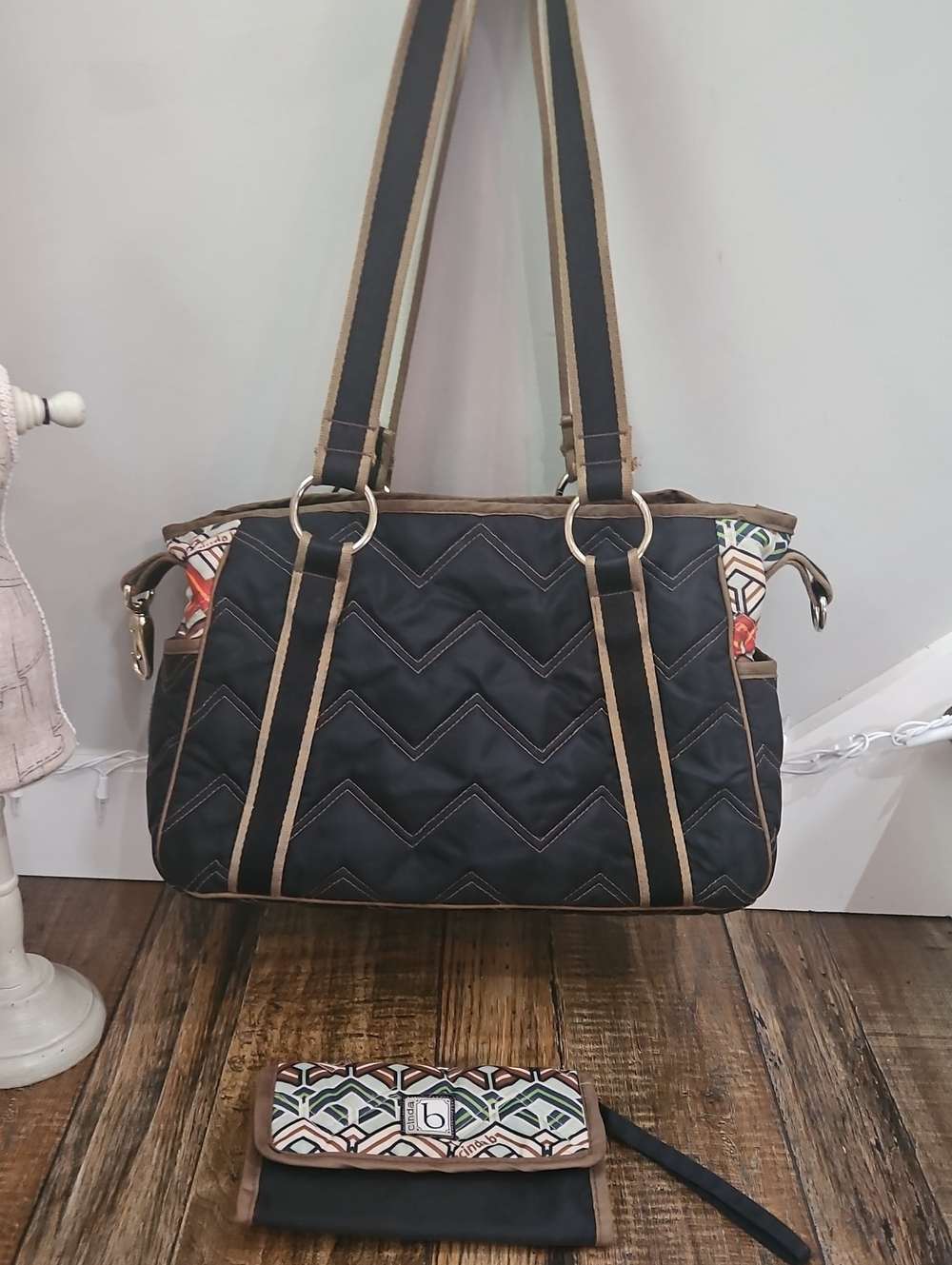 Cinda b Black Chevron Quilted Shoulderbag with Patterned Trim & Matching Wallet